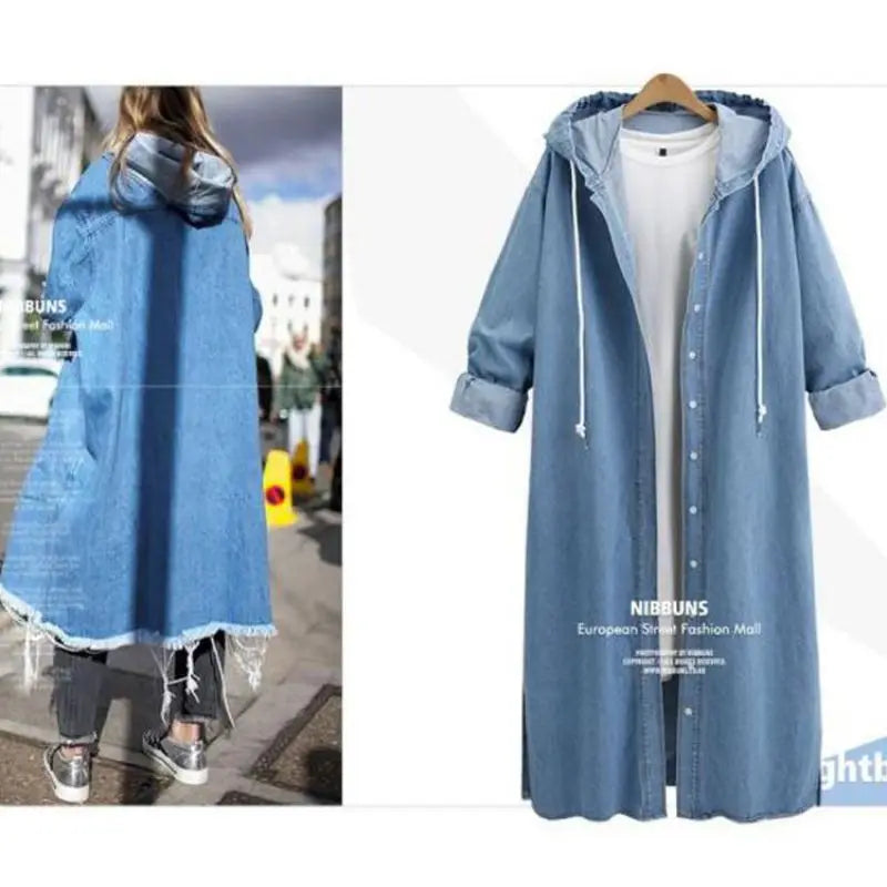 Cappotto lungo in denim con cappuccio da donna