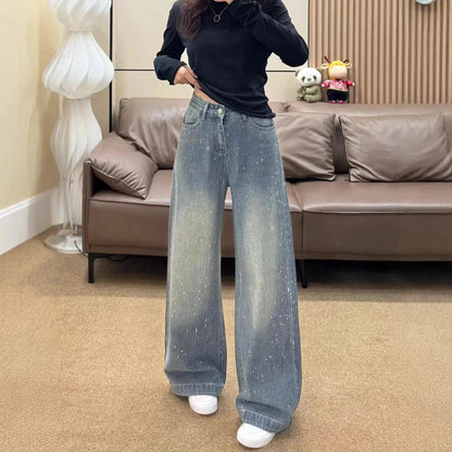 Jeans a gamba larga retrò con diamanti da donna