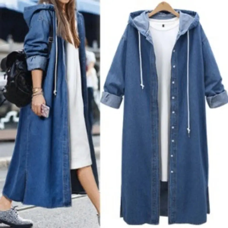 Cappotto lungo in denim con cappuccio da donna
