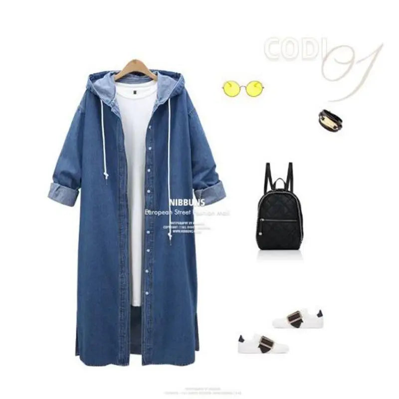 Cappotto lungo in denim con cappuccio da donna