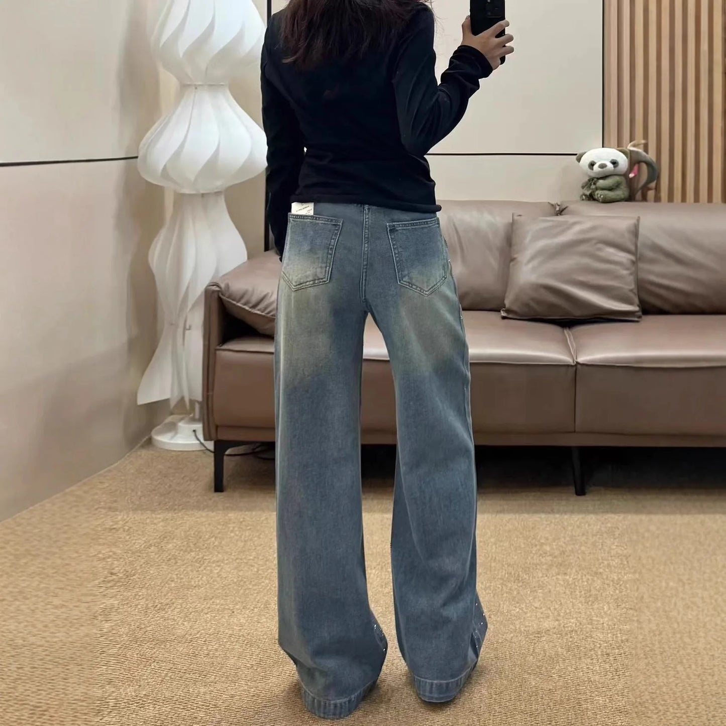 Jeans a gamba larga retrò con diamanti da donna