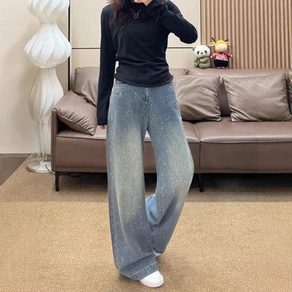 Jeans a gamba larga retrò con diamanti da donna