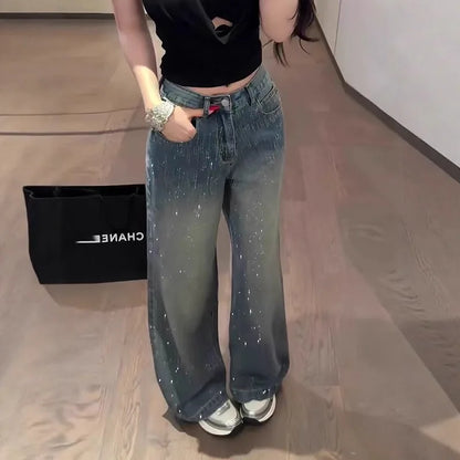 Jeans a gamba larga retrò con diamanti da donna